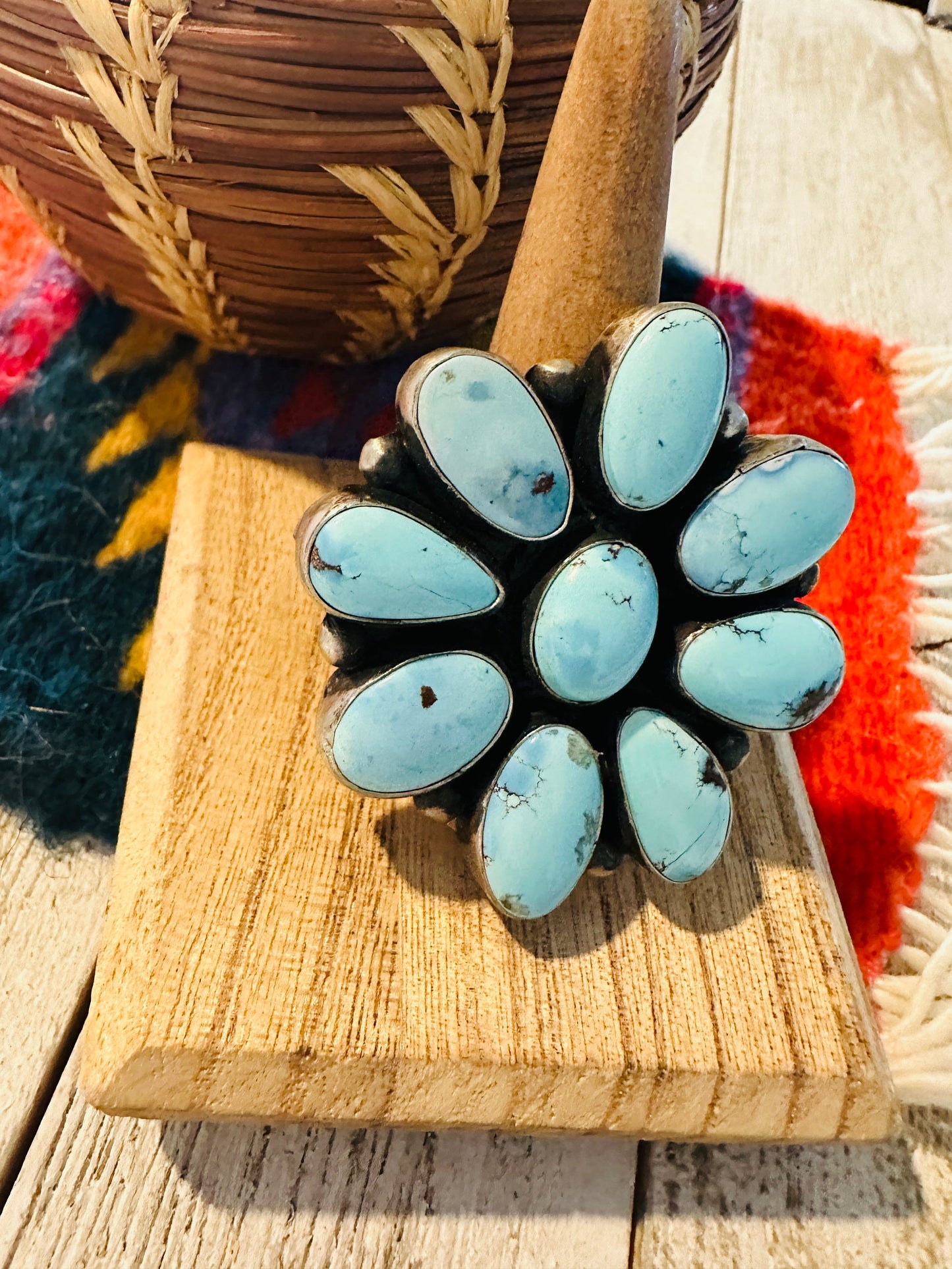 Handcrafted Golden Hills Turquoise & Sterling Silver Cluster Ring by Bobby Johnson, Size 8.75