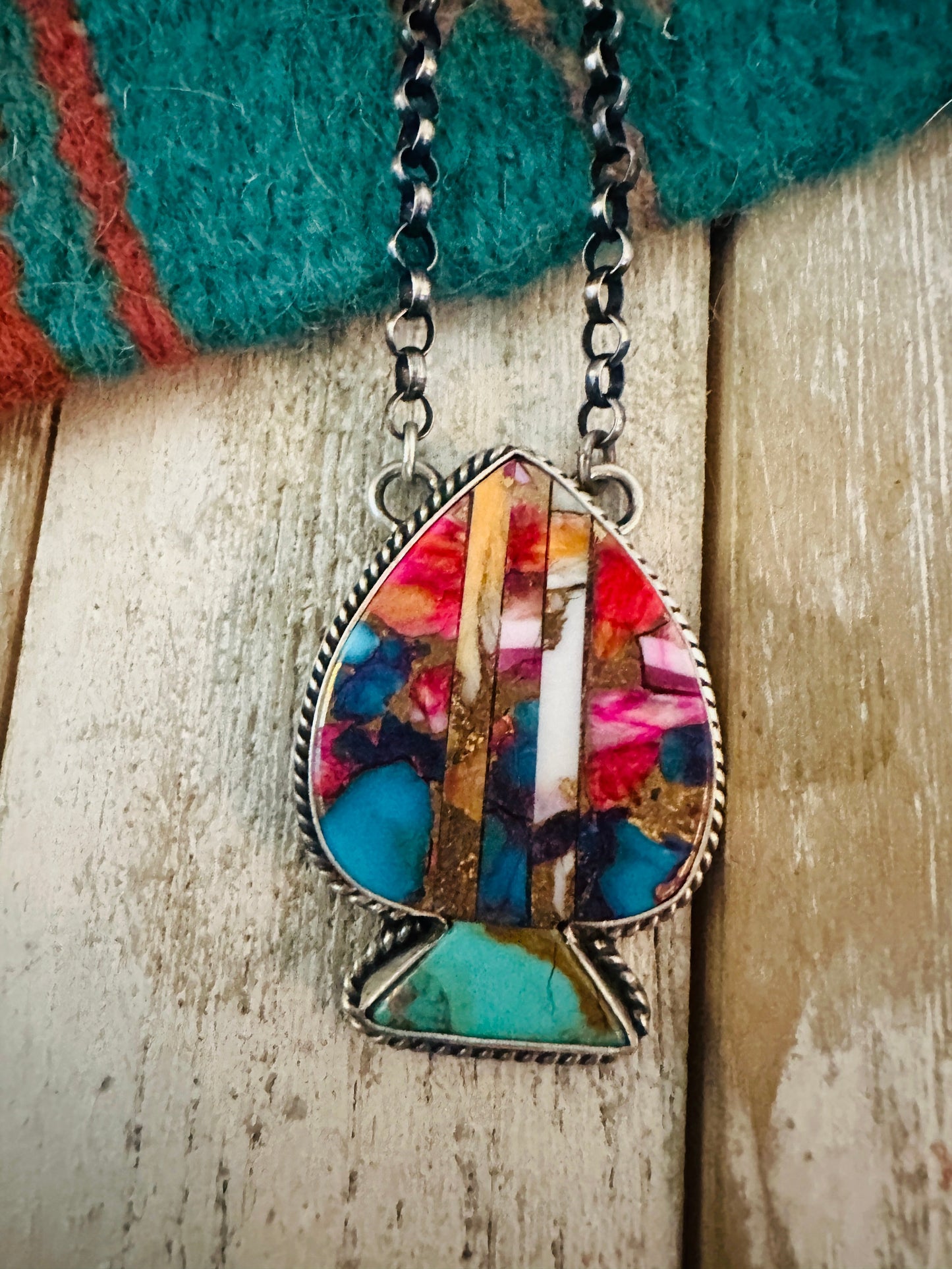 Handcrafted Sterling Silver & Multi Stone Inlay Spade Necklace