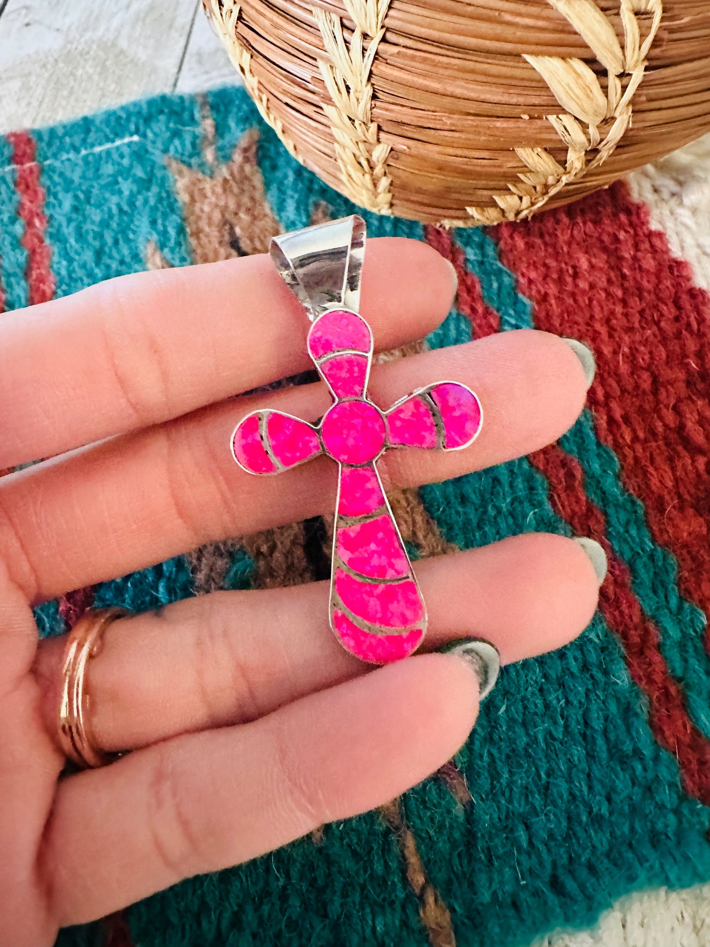 Zuni Sterling Silver & Pink Opal Inlay Cross Pendant Signed