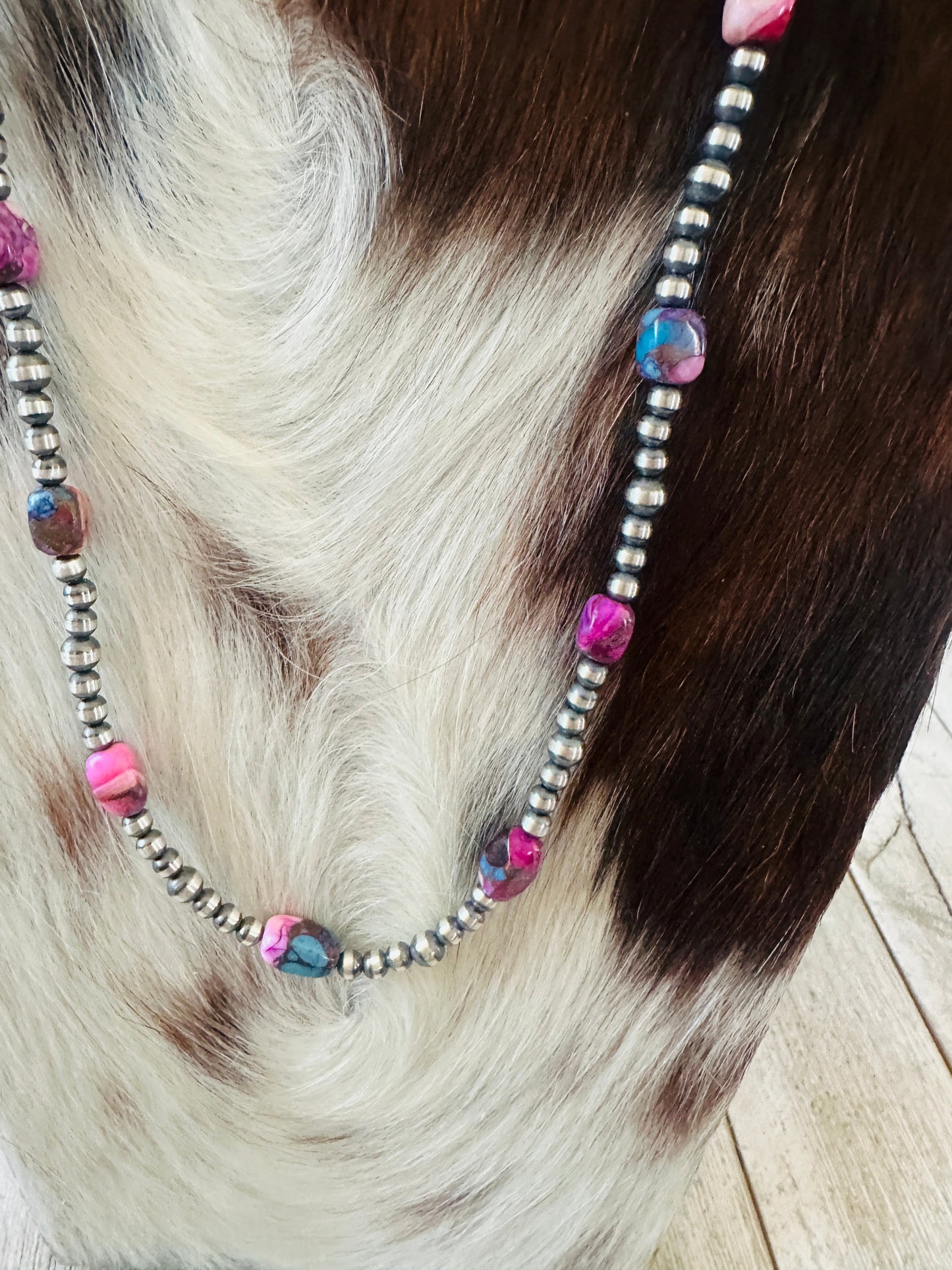 Handcrafted Sterling Silver & Pink Dream Mojave  Beaded 24” Necklace