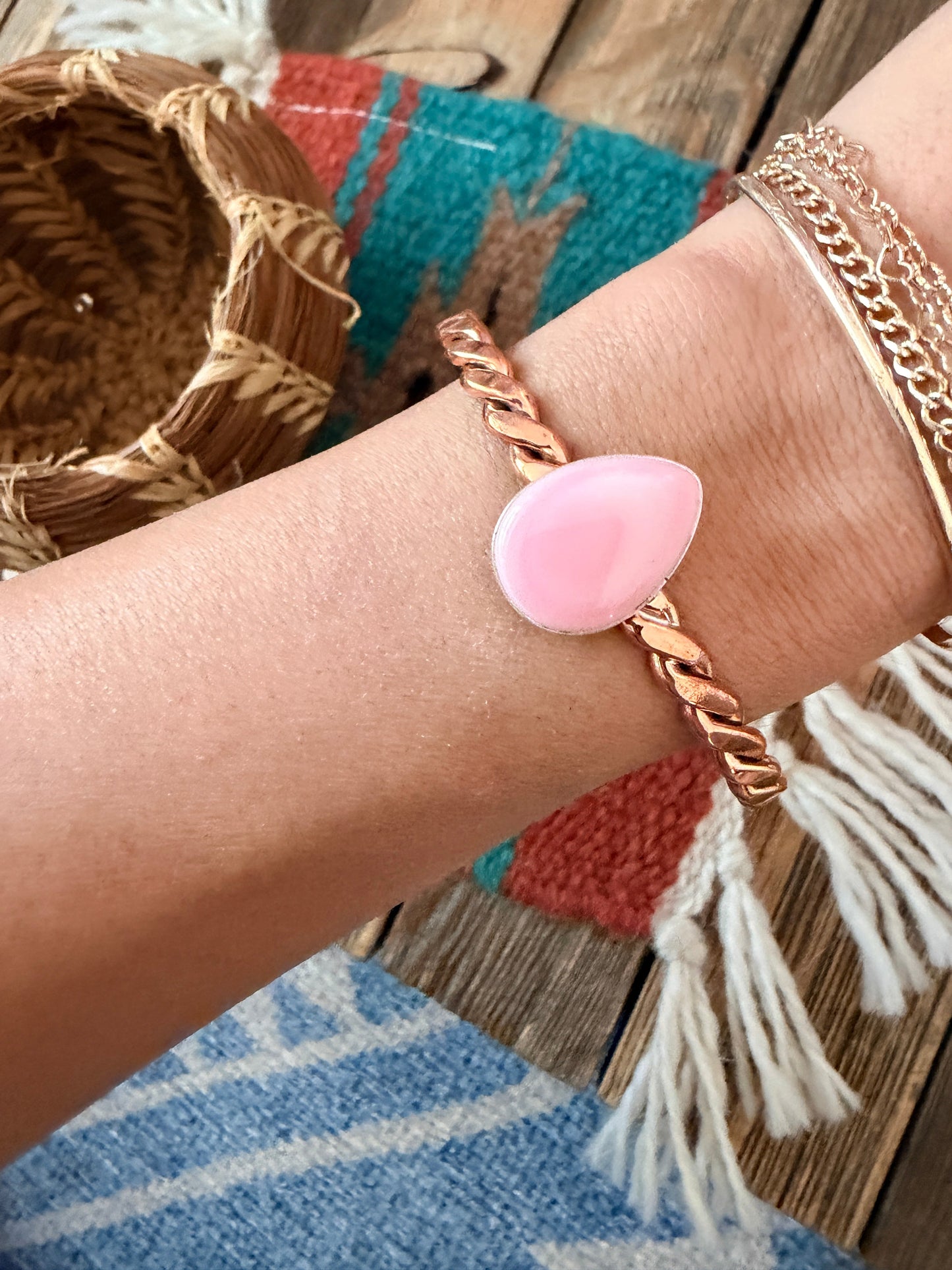 Handcrafted Queen Pink Conch & Copper Twisted Cuff Bracelet by Julia Etsitty