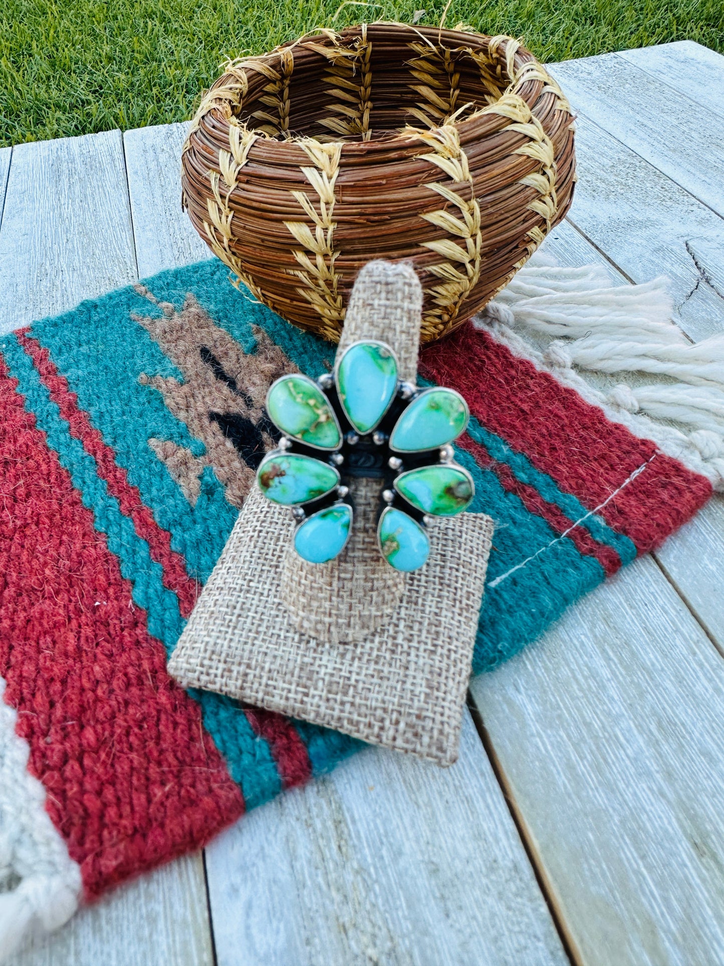 Hand Crafted Sonoran Mountain Turquoise & Sterling Silver Adjustable Naja Ring by Russell Sam