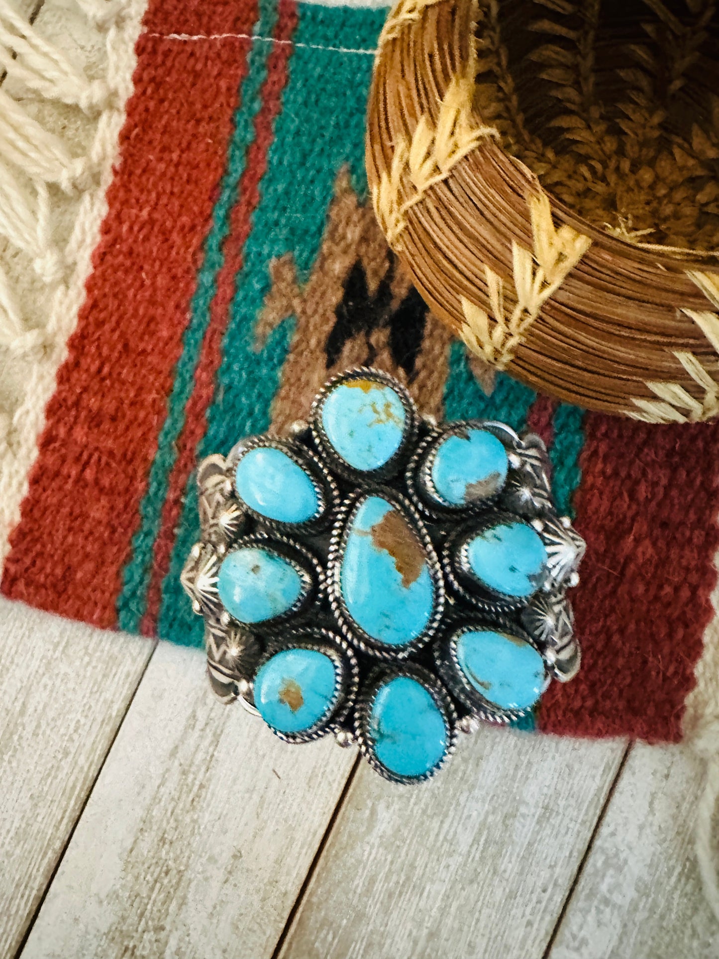 Kingman Turquoise & Sterling Silver Cluster Cuff Bracelet /