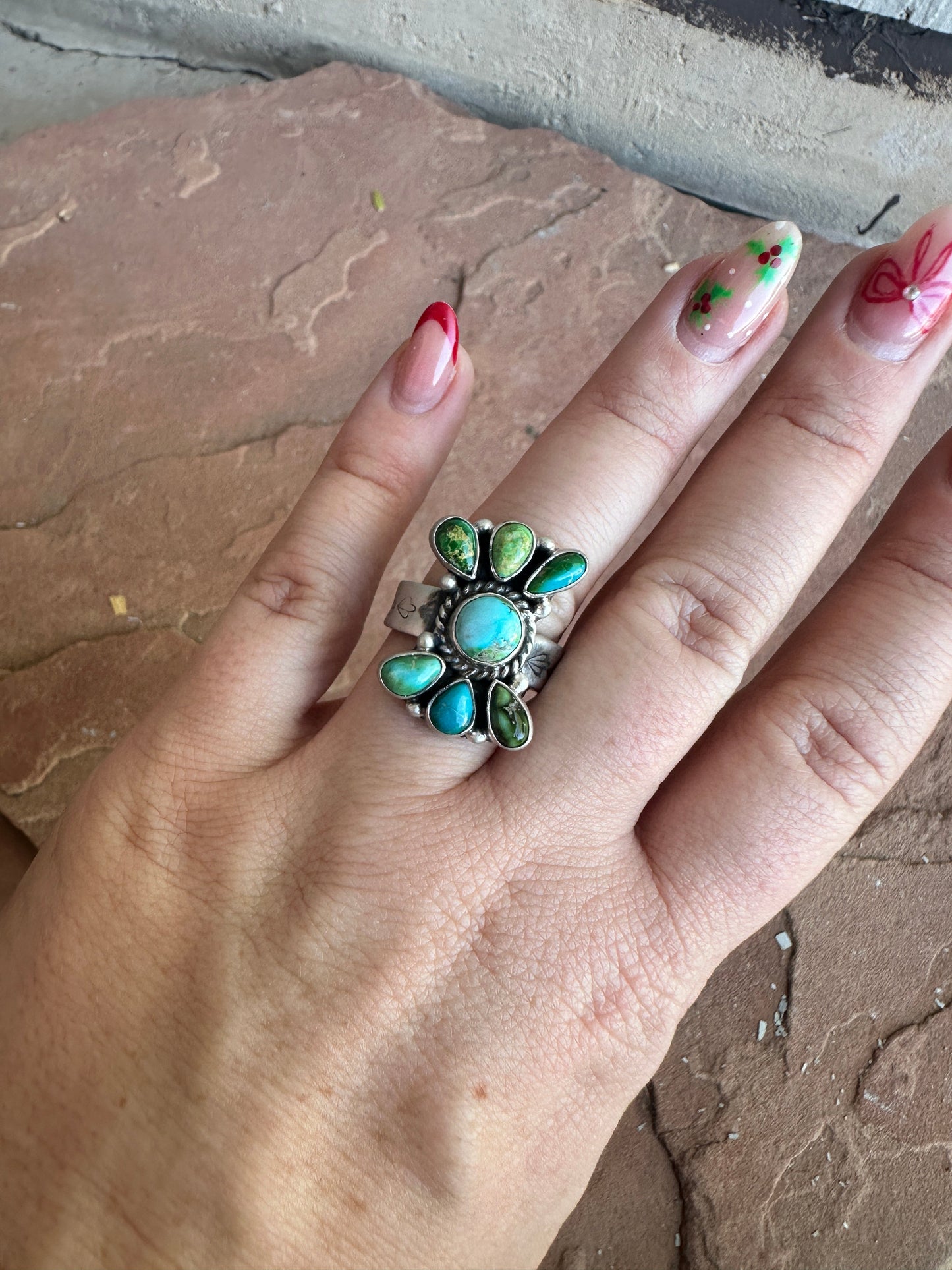 Handmade Sonoran Mountain Turquoise & Sterling Adjustable 7 Stone Ring