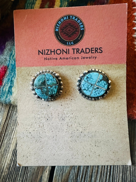 Handcrafted Old Pawn Sterling Silver & Turquoise Inlay Post Earrings