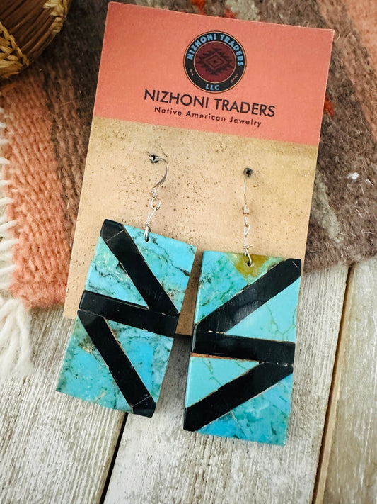Handcrafted Turquoise & Onyx Inlay Dangle Earrings