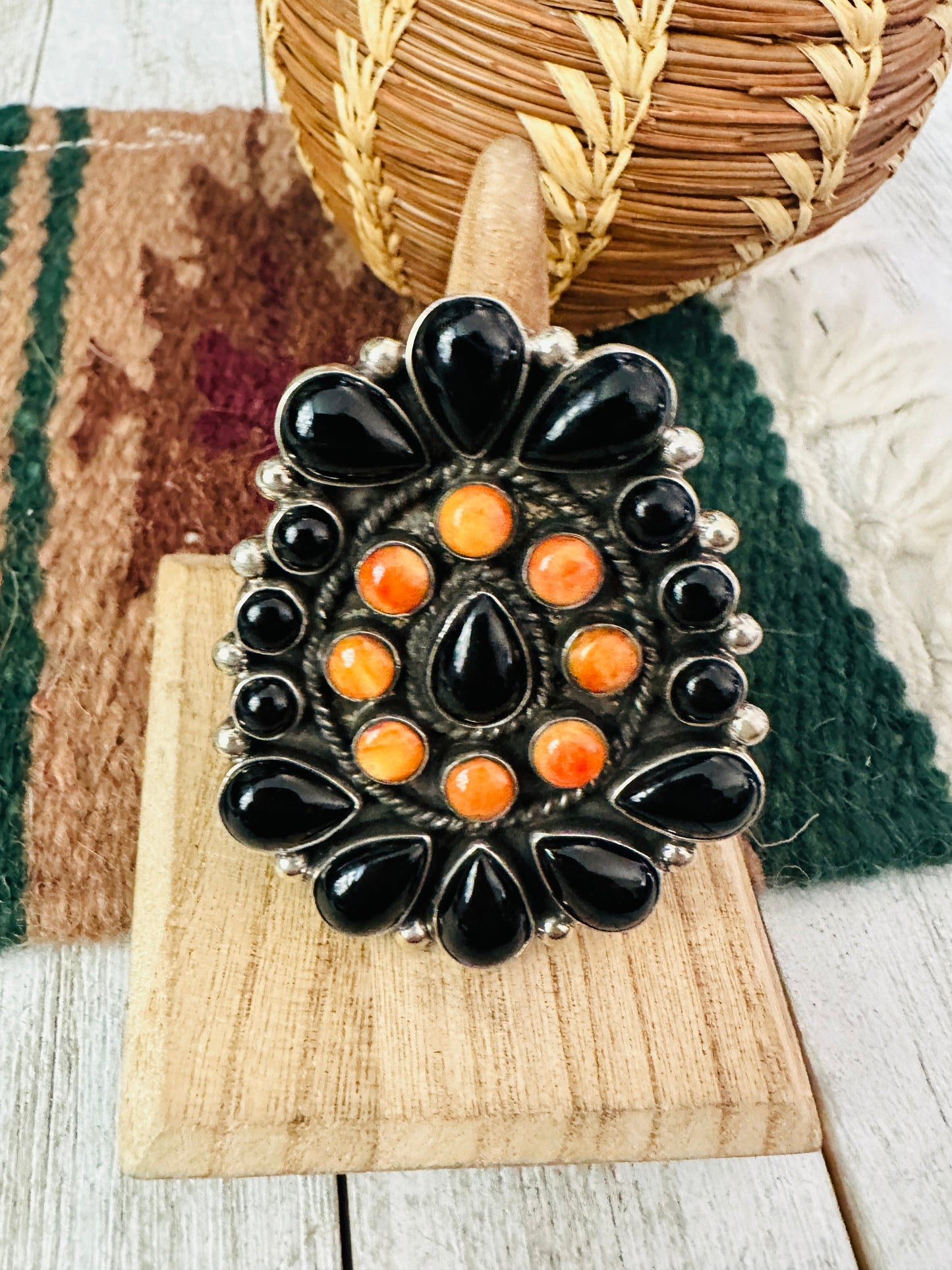 Handcrafted Sterling Silver, Onyx & Spiny Cluster Adjustable Ring