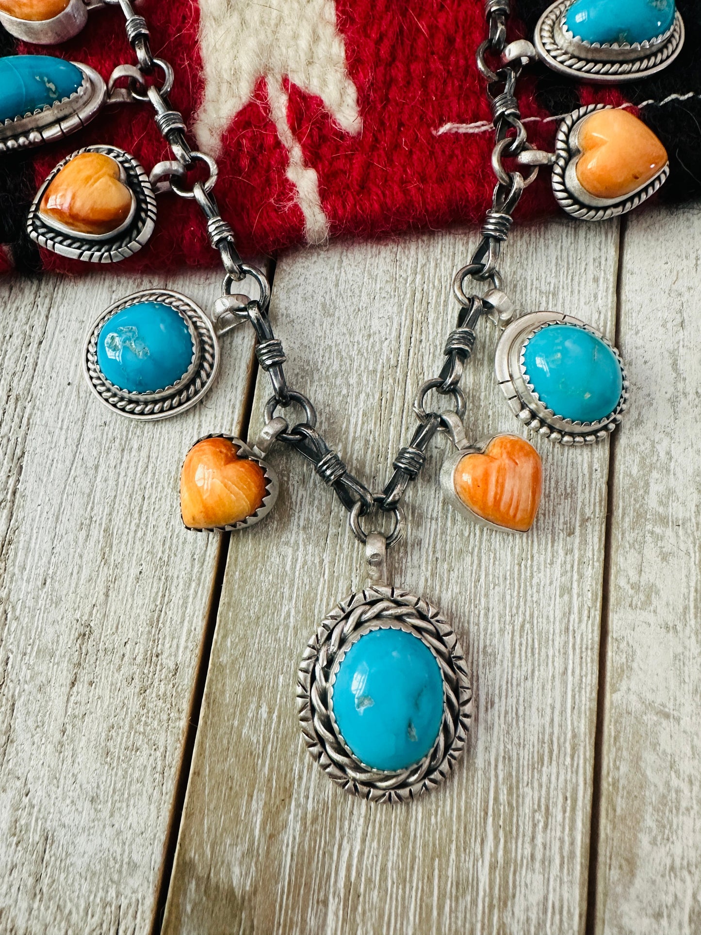 Handcrafted Sterling Silver, Turquoise & Spiny Heart Necklace, Signed RY