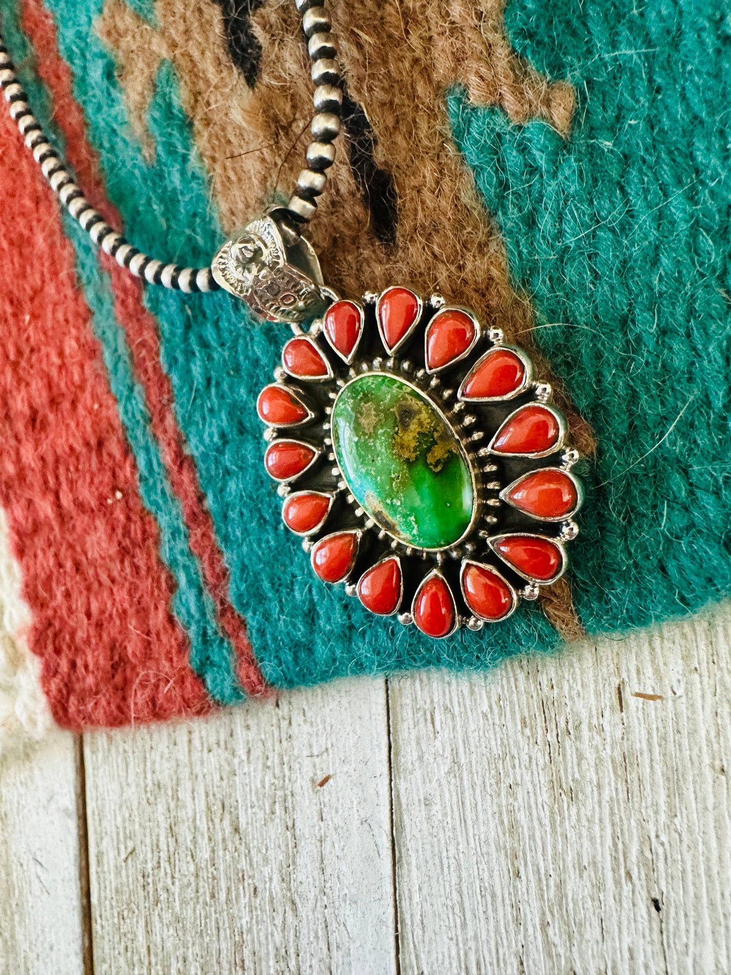 ** Christmas Collection ** Handmade Sterling Silver, Coral & Turquoise Cluster Pendant Signed Nizhoni
