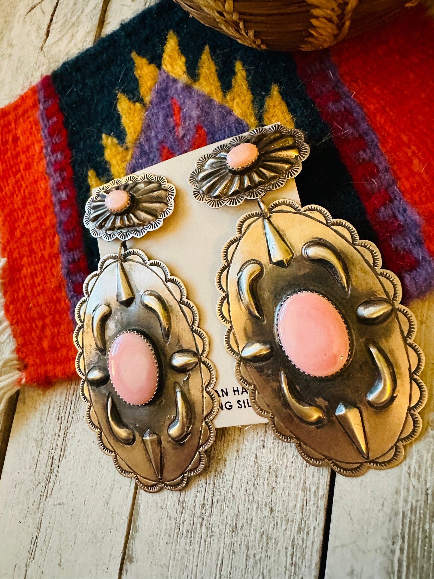 Navajo Queen Pink Conch & Sterling Silver Concho Dangle Earrings