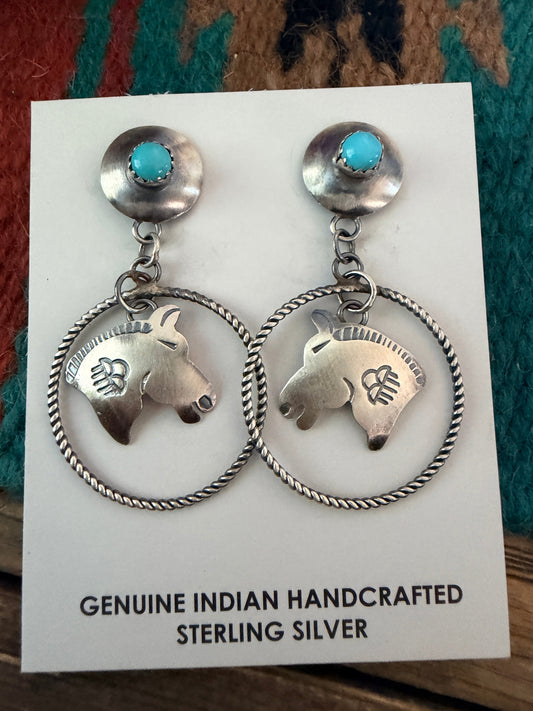 Handcrafted Sterling Silver & Turquoise Horse Dangle Earrings by Tim Yazzie