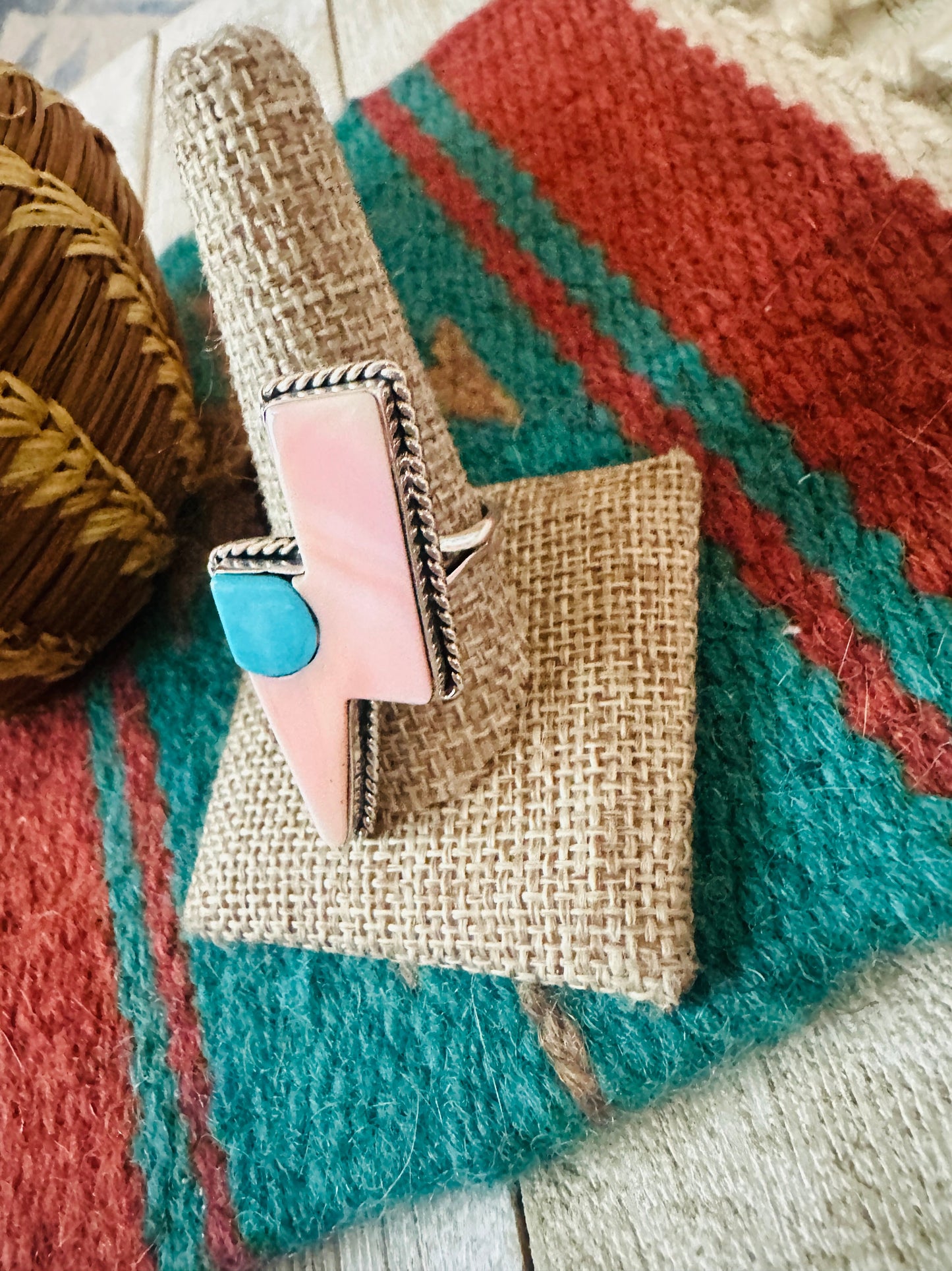 Handcrafted Queen Pink Conch, Turquoise & Sterling Silver Adjustable Lightning Bolt Ring