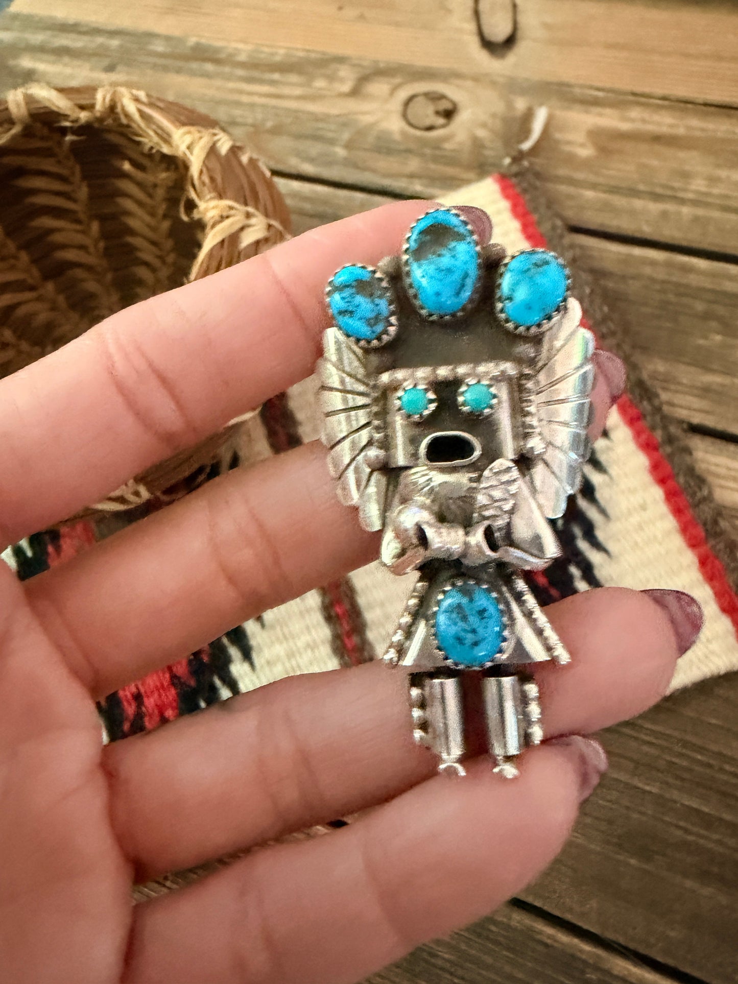 Handcrafted Sterling Silver & Turquoise Kachina Brooch by Doris Smallcanyon