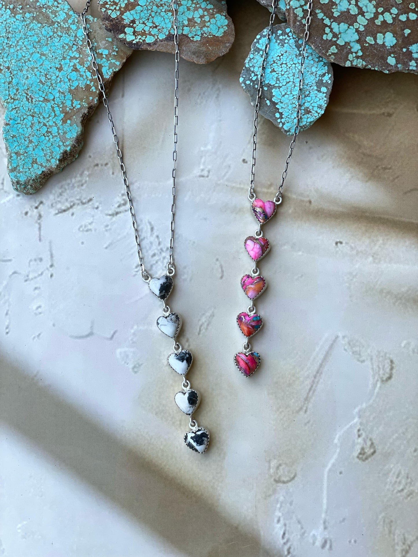 Handmade Sterling Silver & Pink Dream Mojave OR White Buffalo Drop 5 Stone Necklace