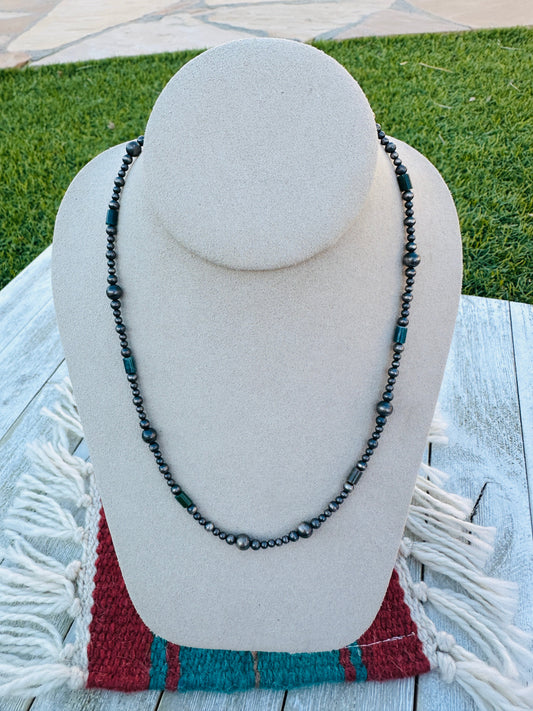 Handcrafted Sterling Silver Pearl & Lapis 18” Beaded Necklace