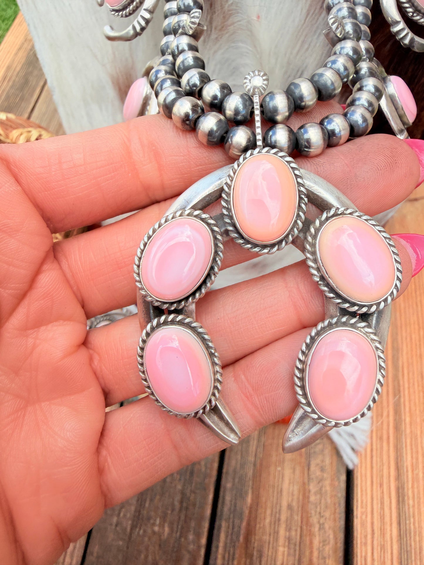 Handcrafted Sterling Silver & Queen Pink Conch Squash Blossom Necklace Set