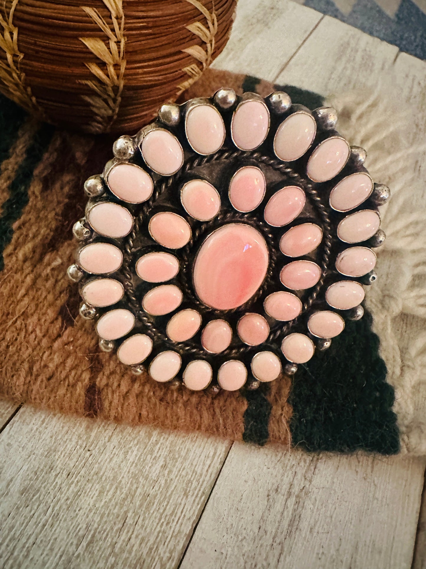 Handcrafted Queen Pink Conch Shell & Sterling Silver Cluster Cuff Bracelet