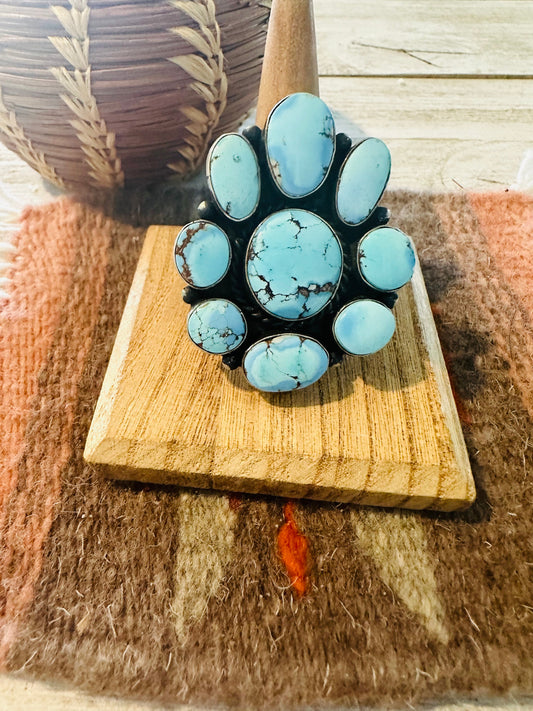 Handcrafted Golden Hills Turquoise & Sterling Silver Cluster Ring Size 8.75