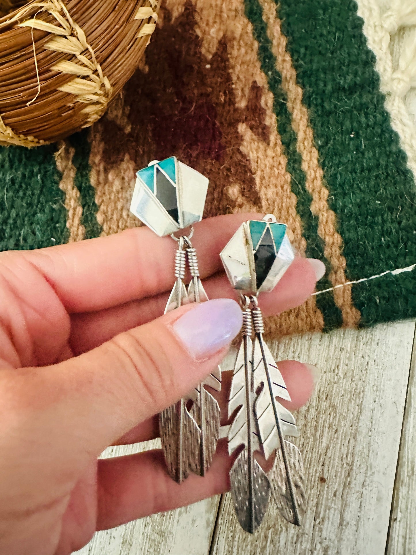 Handcrafted Old Pawn Sterling Silver, Turquoise & Onyx Feather Clip On Dangle Earrings