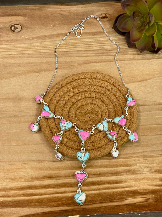 Handmade Sterling Silver Cotton Candy Turquoise Heart Drop Necklace with Signed Nizhoni