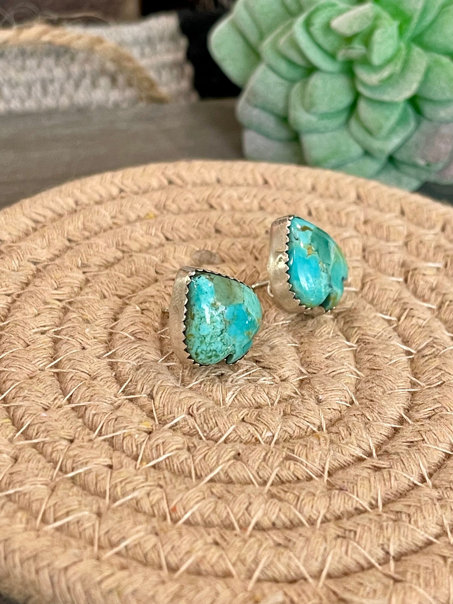 Handmade Emerald Valley Turquoise and Sterling Silver Post Spade Earrings