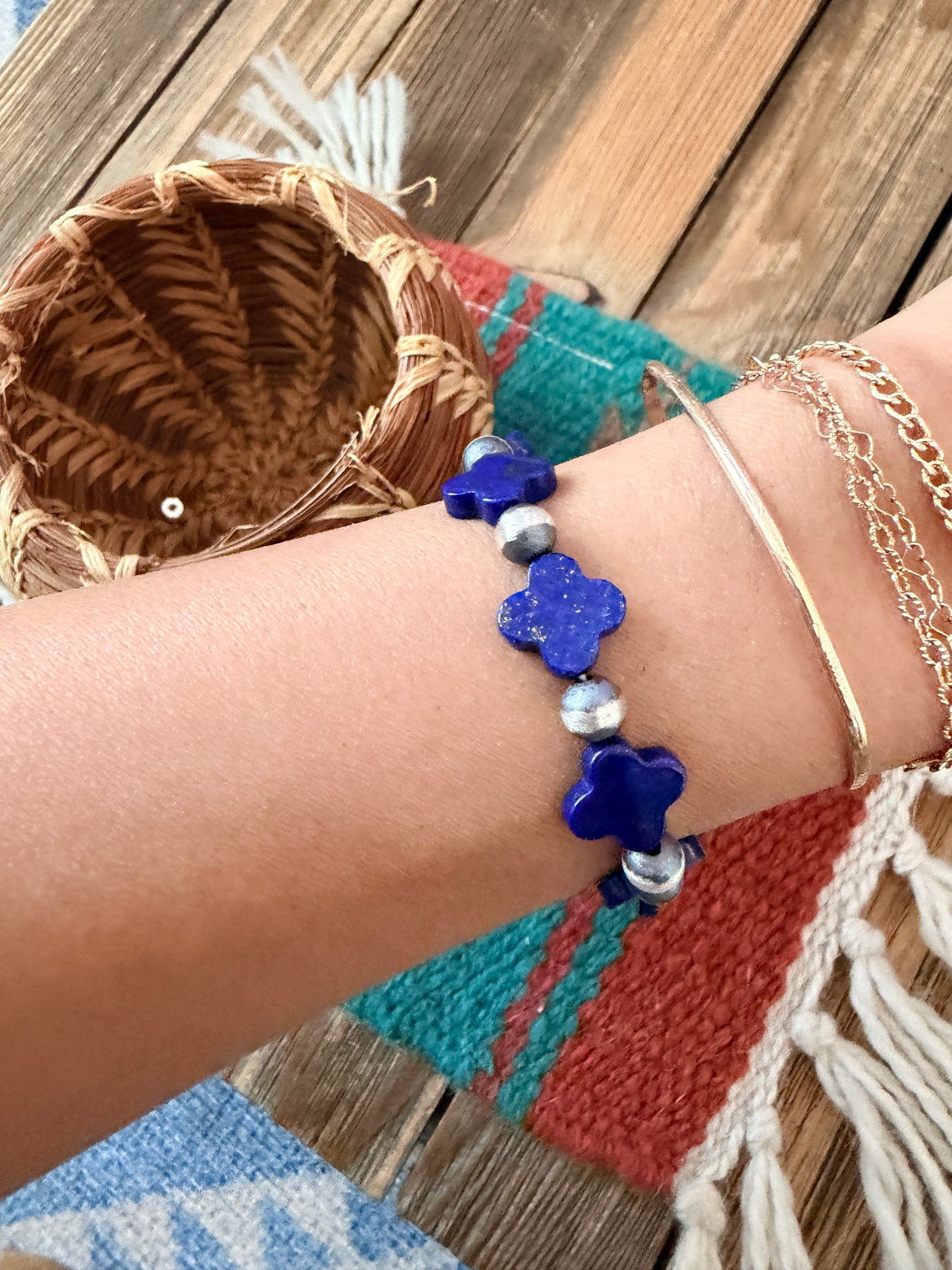 Handcrafted Lapis & Sterling Silver Pearl Cross Beaded Stretch Bracelet