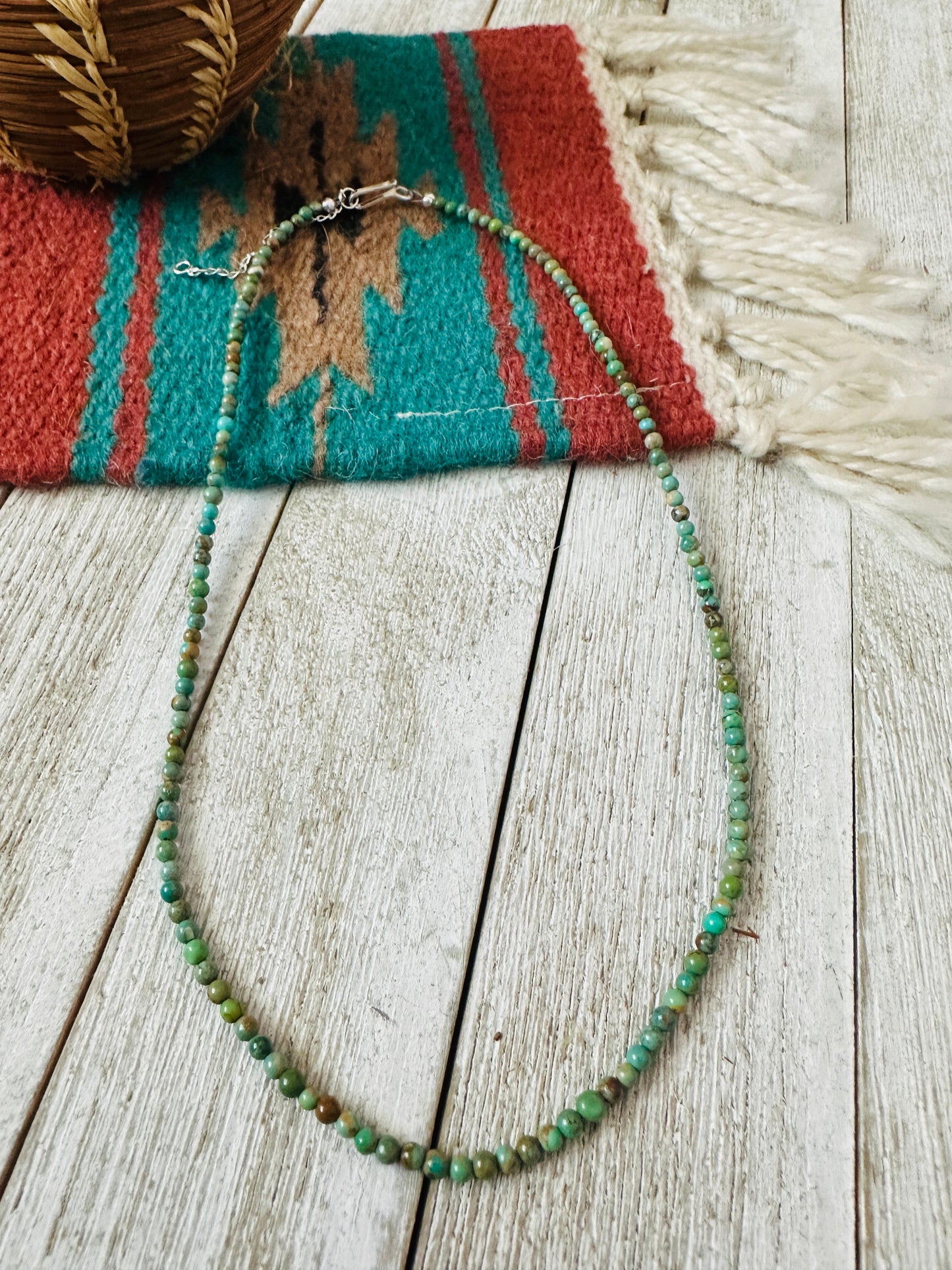 Handcrafted 3mm Turquoise & Sterling Silver Beaded Necklace W/ Extender- Green