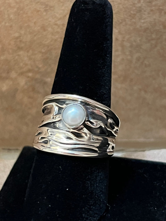 Corrugated Sterling Silver Ring w/ Pearl Cabochon