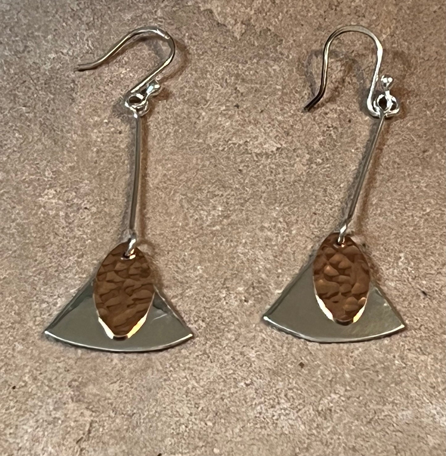 Scoured Copper & Sterling Silver Shaped Drop Earrings