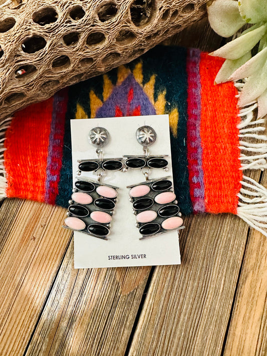 Handcrafted Queen Pink Conch, Onyx & Sterling Silver Dangle Earrings
