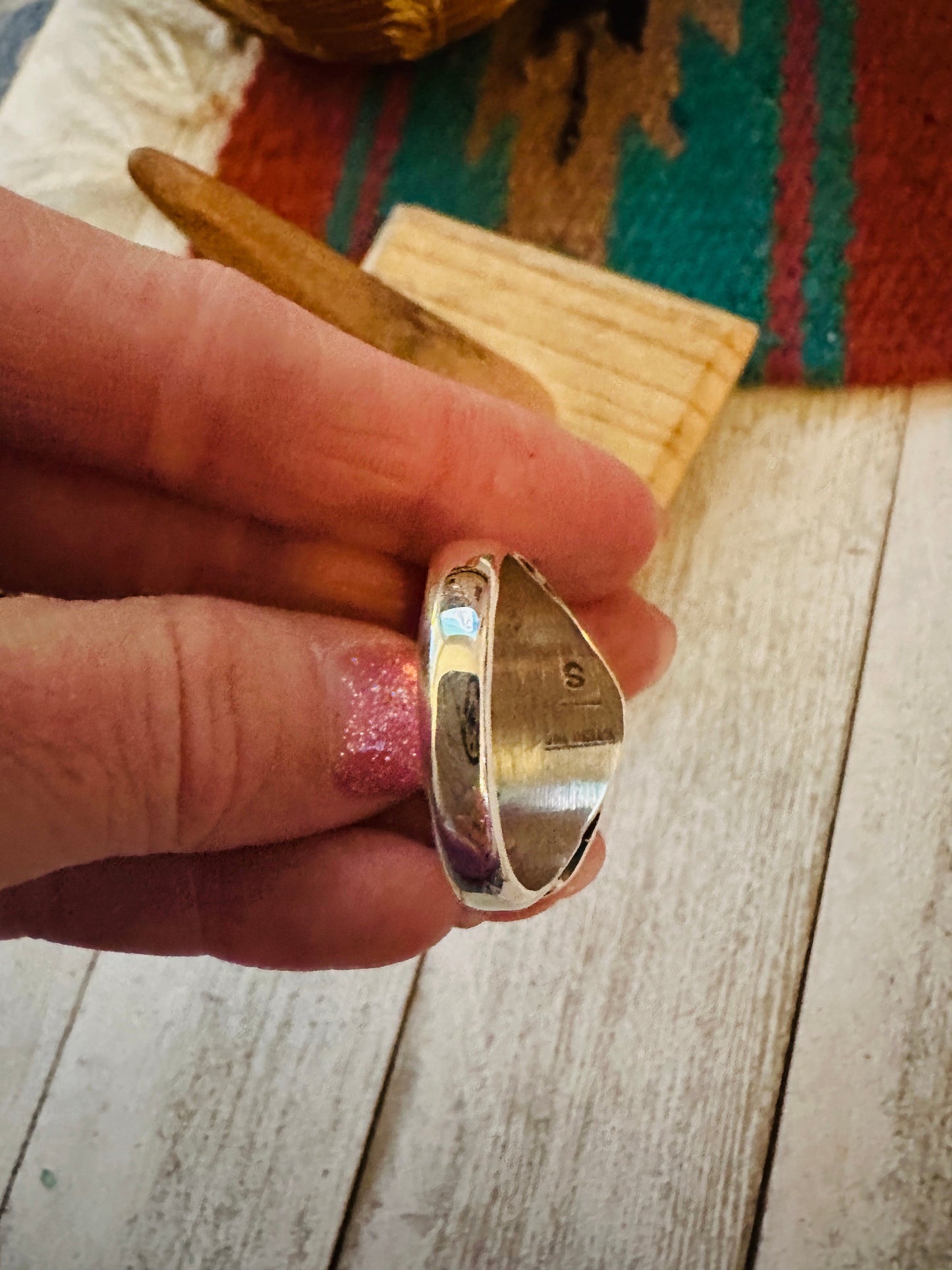 Handcrafted Turquoise, Coral & Sterling Silver Ring Size 13