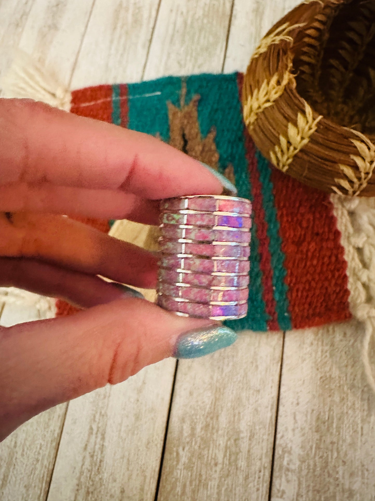 Handcrafted Sterling Silver & Pink Opal Inlay Band Ring