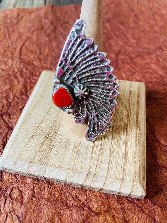 Handcrafted Coral & Sterling Silver Indian Chief Ring Size 9