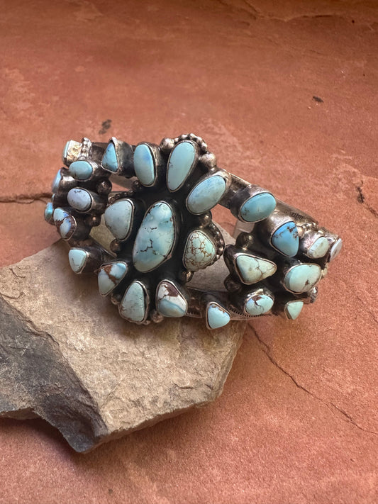 Handcrafted Golden Hills Turquoise & Sterling Silver Cluster Cuff Bracelet Signed B Johnson /