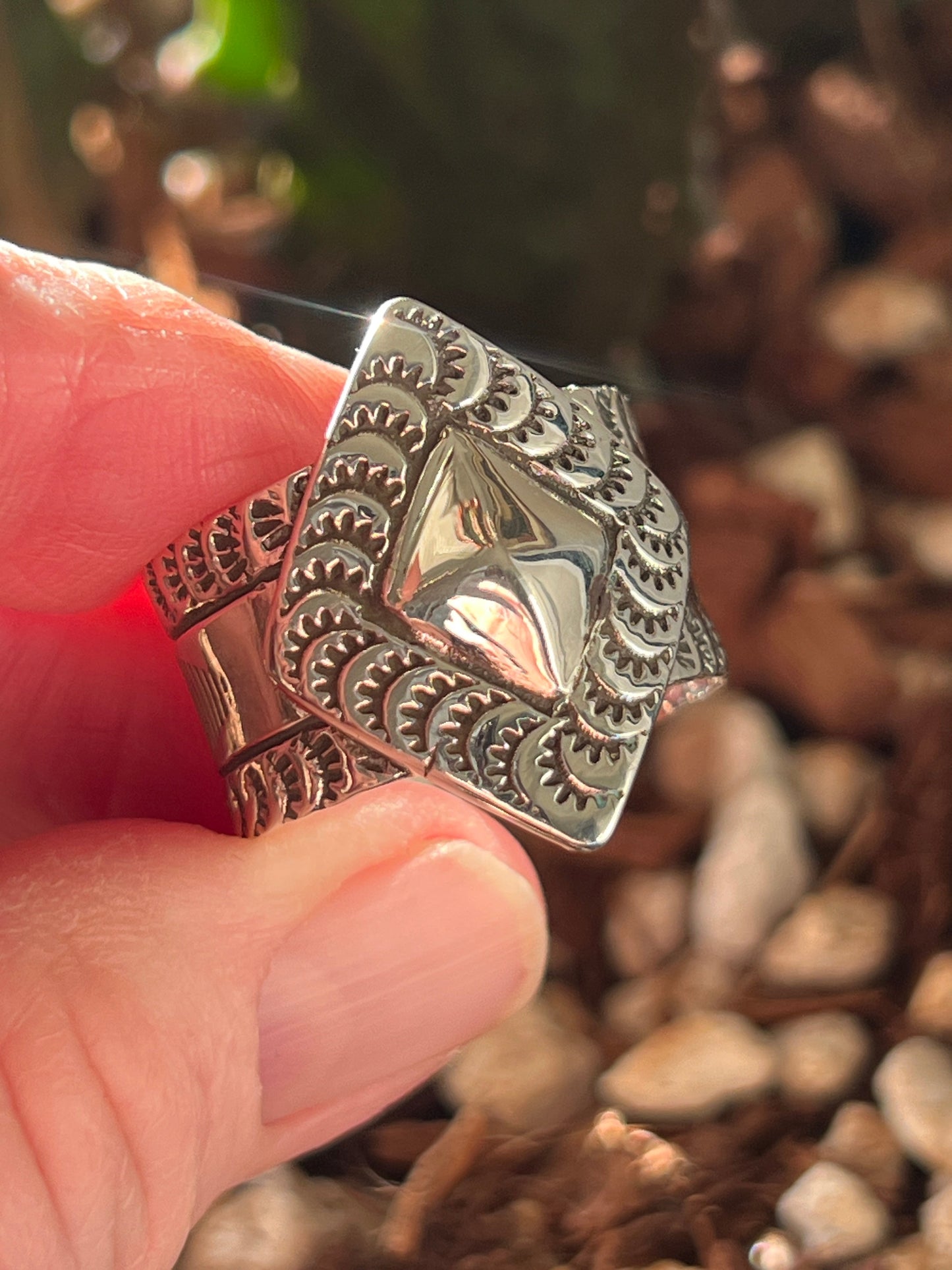 Handcrafted Hand Stamped Sterling Silver Diamond Motif Wide Shank Ring by Shaun Rogers, Size 11.5