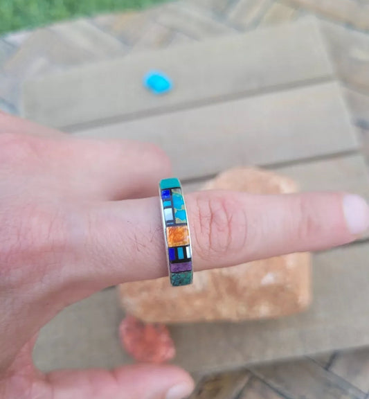 Handcrafted Sterling Silver & Multi Stone Inlay Band Ring Size 12.5