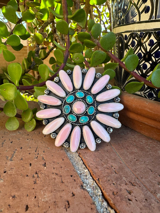 Handcrafted Sterling Silver, Turquoise & Queen Pink Conch Adjustable Ring