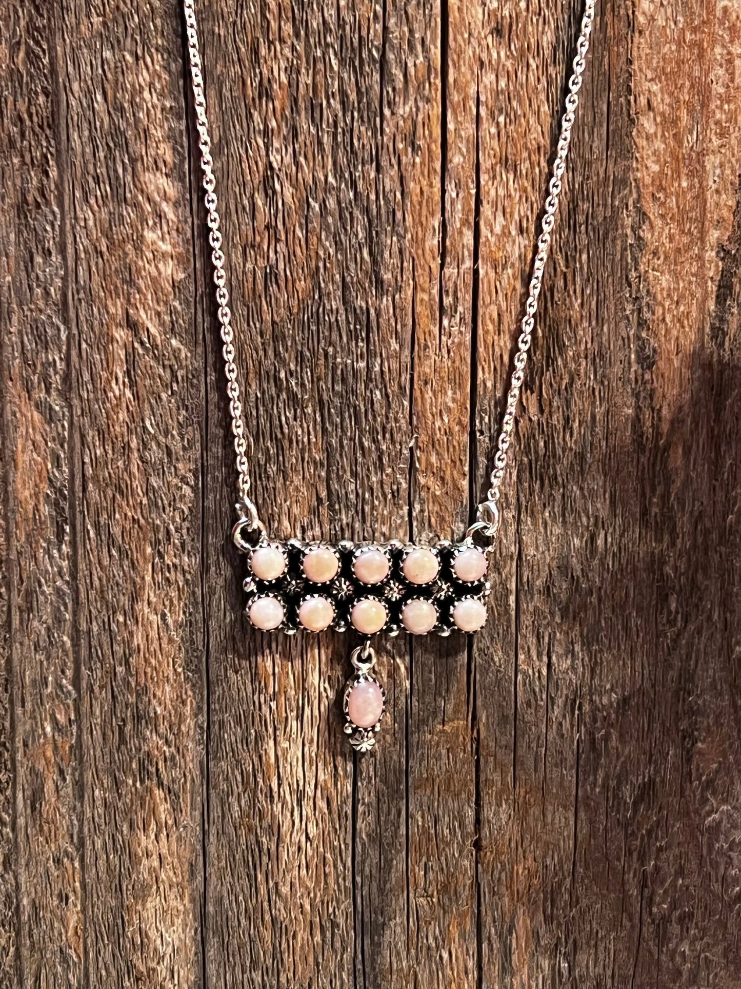 Handmade Sterling Silver & Pink Opal Tear Drop Dangle, Bar Necklace