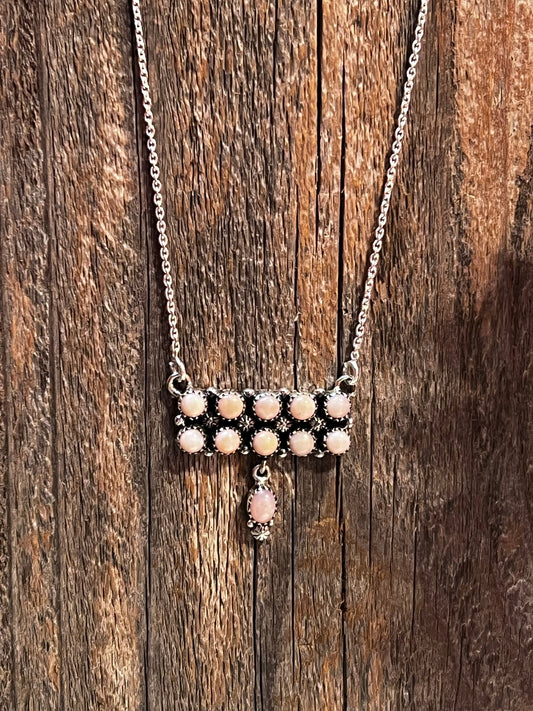 Handmade Sterling Silver & Pink Opal Tear Drop Dangle, Bar Necklace