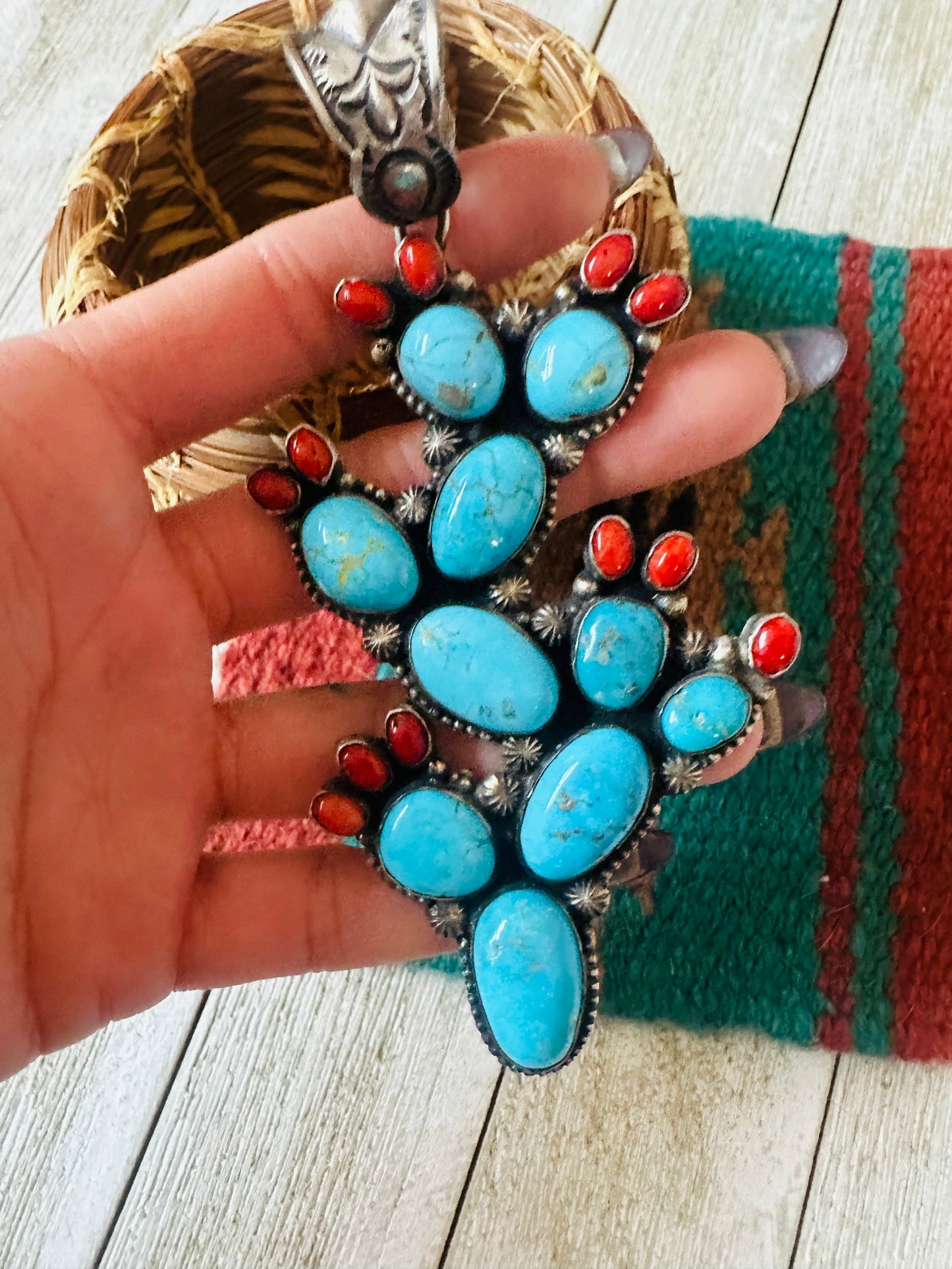 Handcrafted Sterling Silver, Turquoise & Coral Cactus Pendant by Shawn Cayatineto
