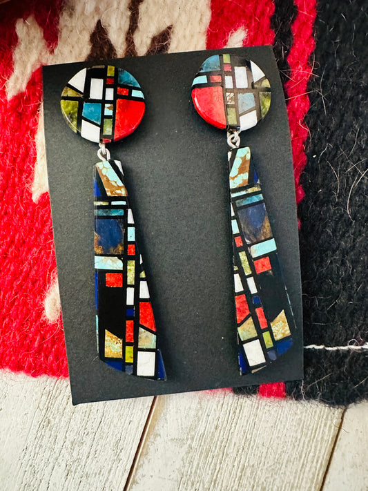 Handcrafted Multi Stone Inlay Dangle Earrings