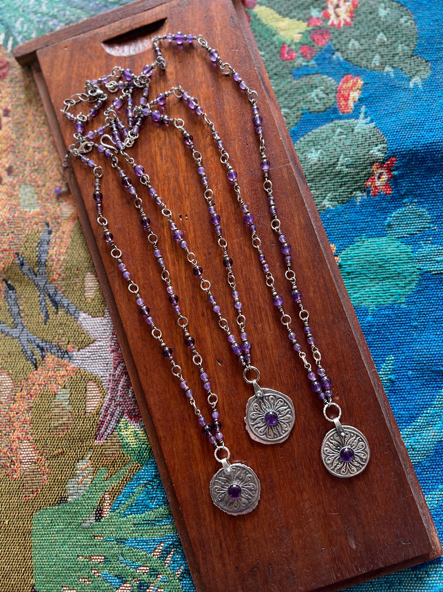 Tularosa Rosary Style Sterling Silver and Amethyst Relic Coin Necklace