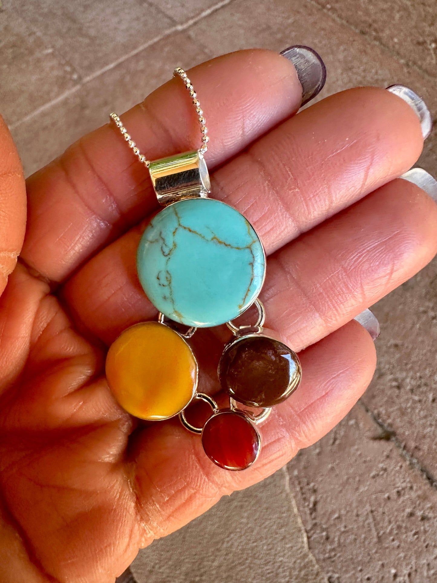 Turquoise & Spiny Circles Sterling Silver Pendant Necklace