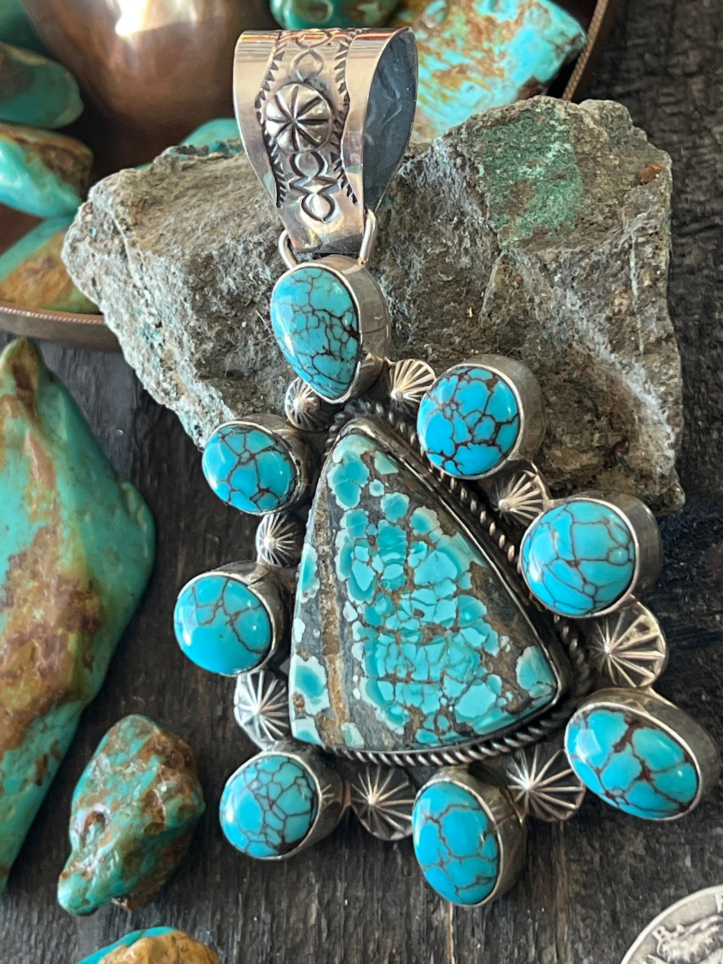 Apache Handmade Sterling Silver and Turquoise Cluster Pendant by Rosella Paxson