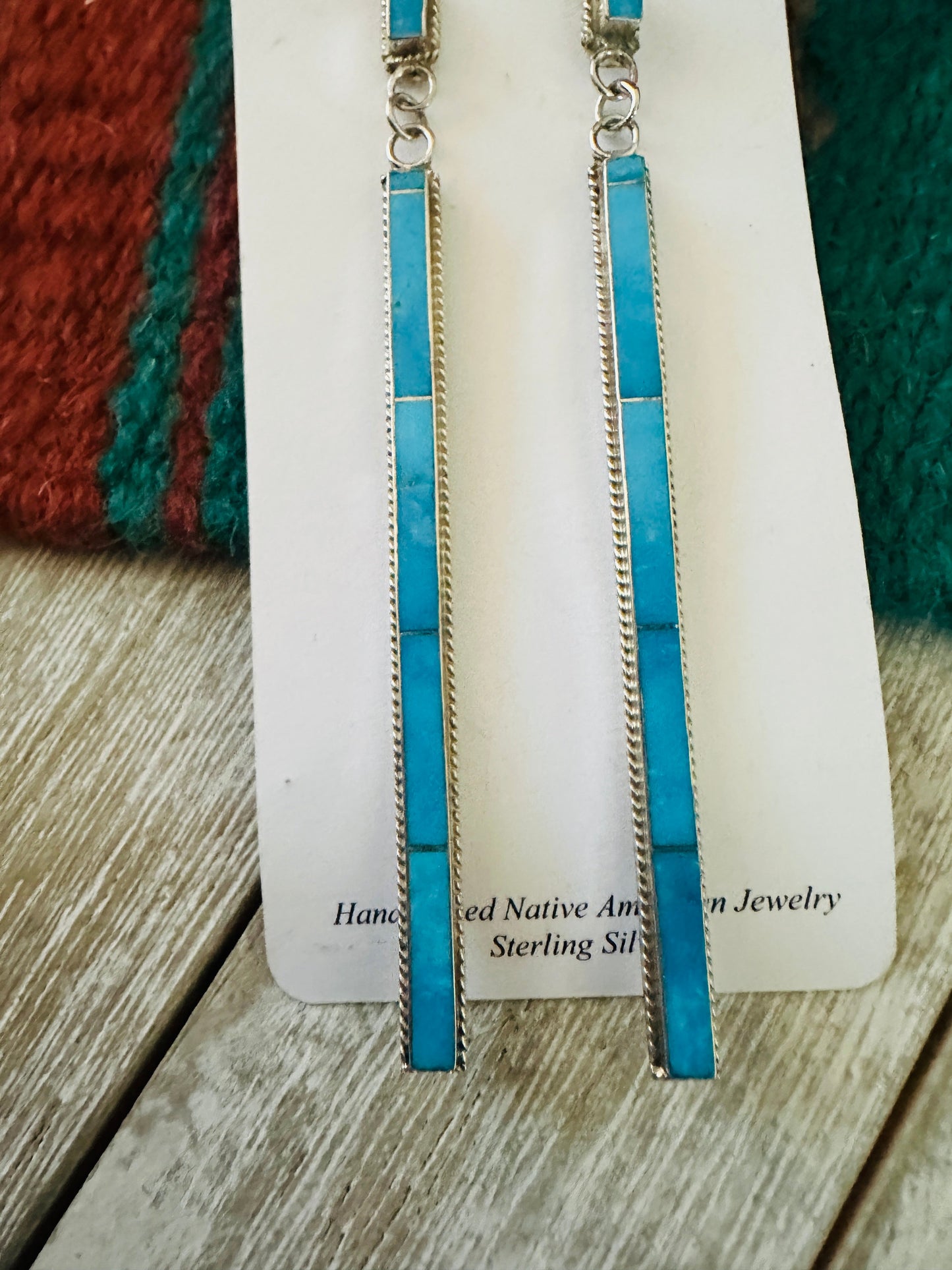 Handcrafted Sterling Silver & Kingman Turquoise Inlay Dangle Earrings by Ricky Booqua
