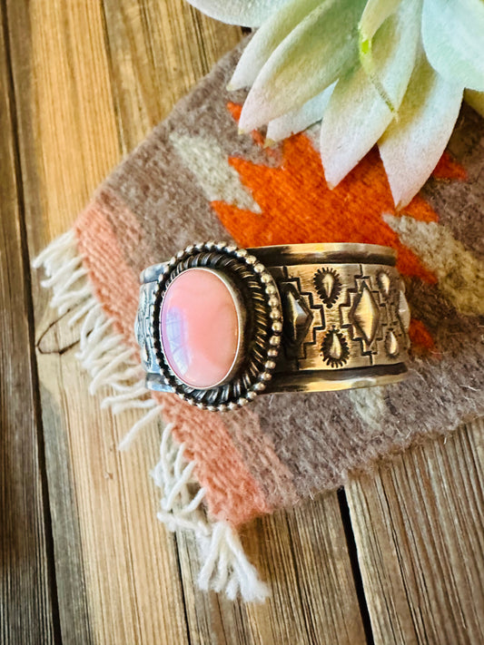 Handcrafted Queen Pink Conch Shell & Sterling Silver Cuff Bracelet
