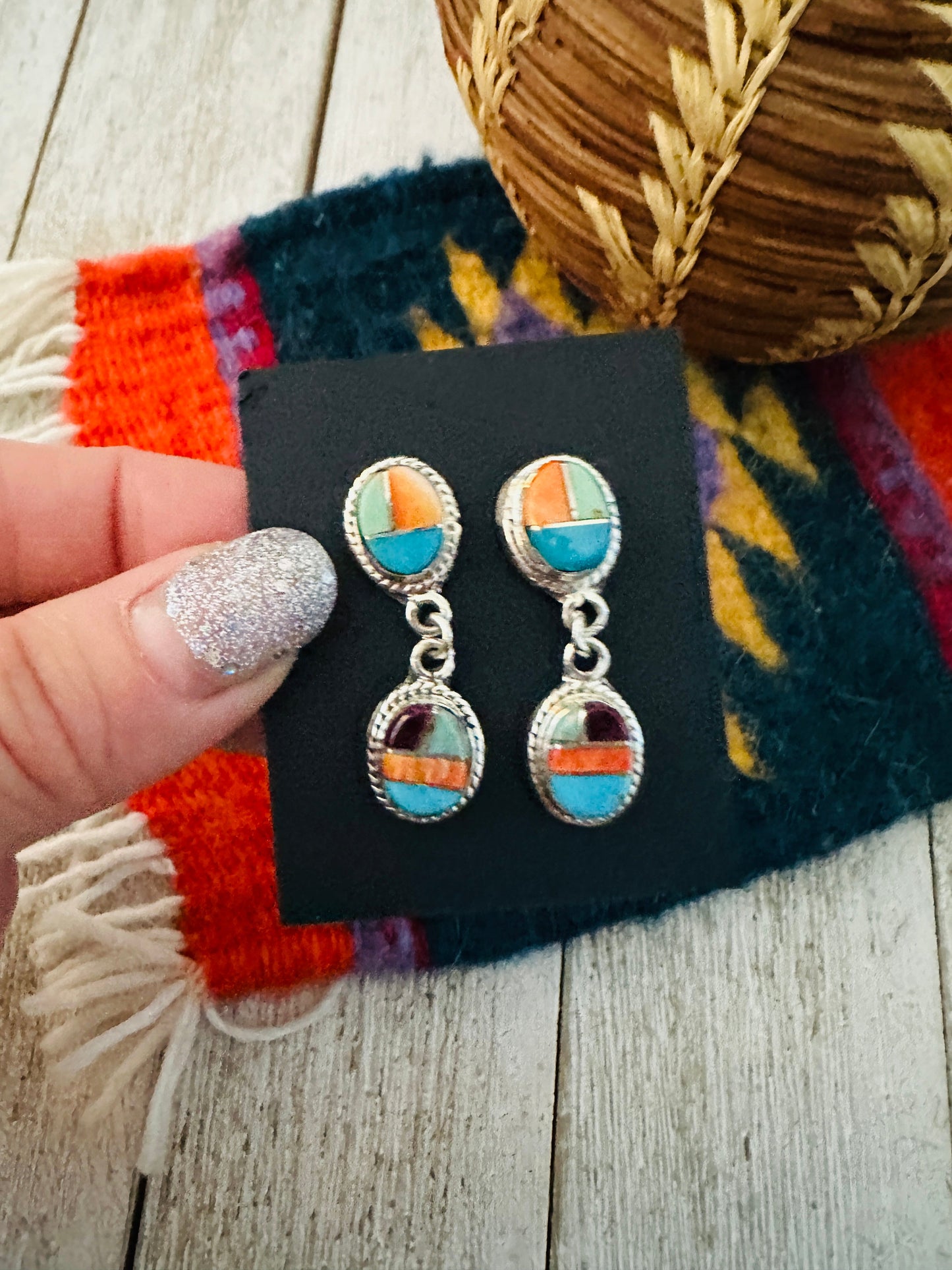 Handcrafted Sterling Silver & Multi Stone Inlay Dangle Earrings