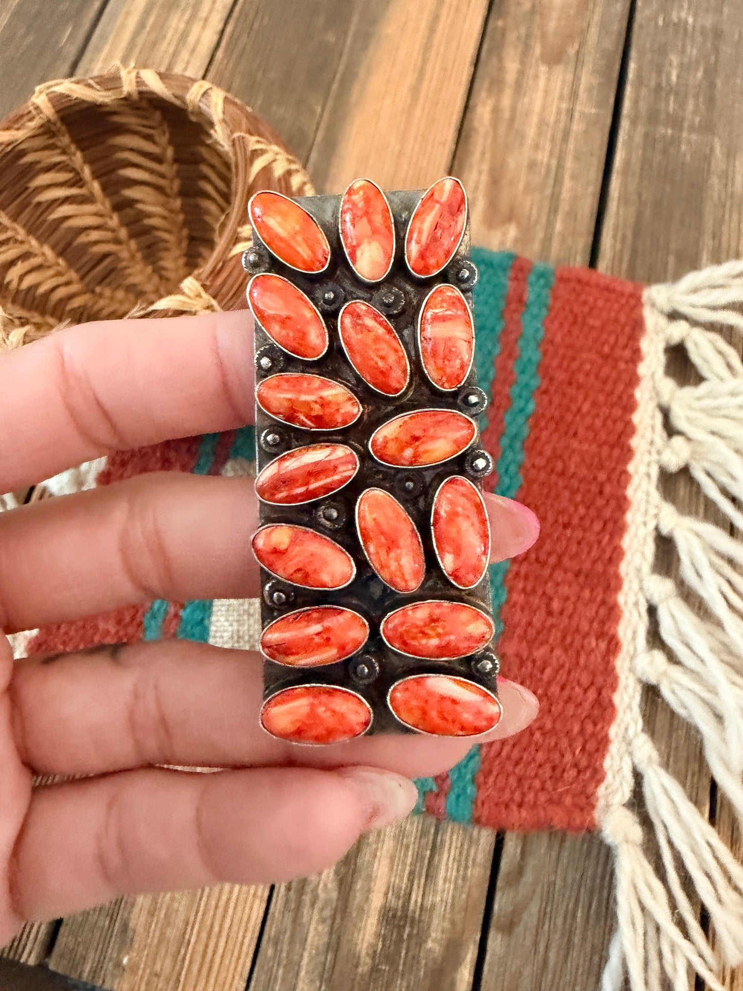 Handcrafted Orange Spiny Oyster & Sterling Silver Cluster Adjustable Ring by Jacqueline Silver