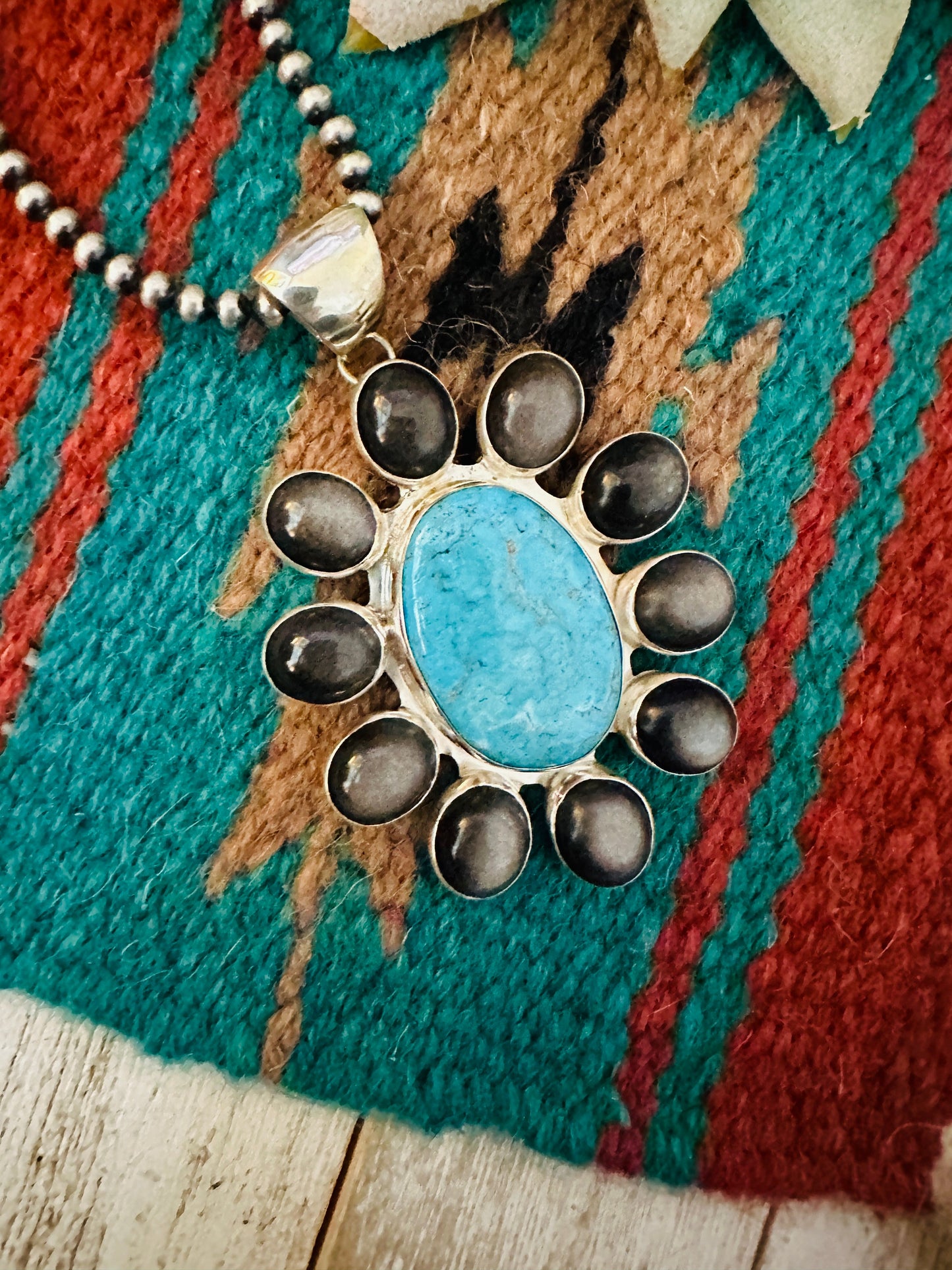 Handcrafted Black Abalone, Turquoise & Sterling Silver Cluster Pendant