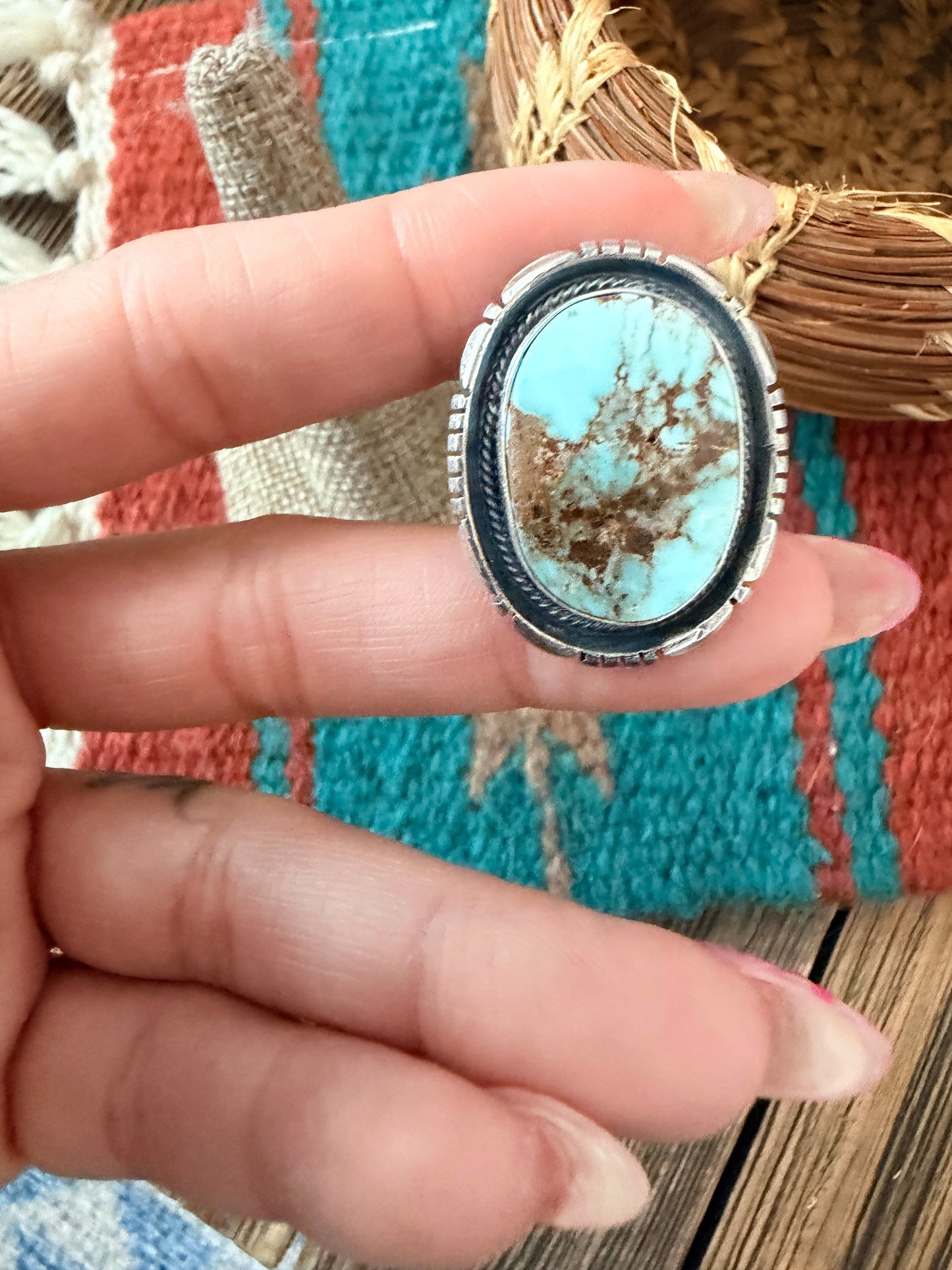 Handcrafted Dry Creek Turquoise & Sterling Silver Ring Size 5.5 by Daniel Benally